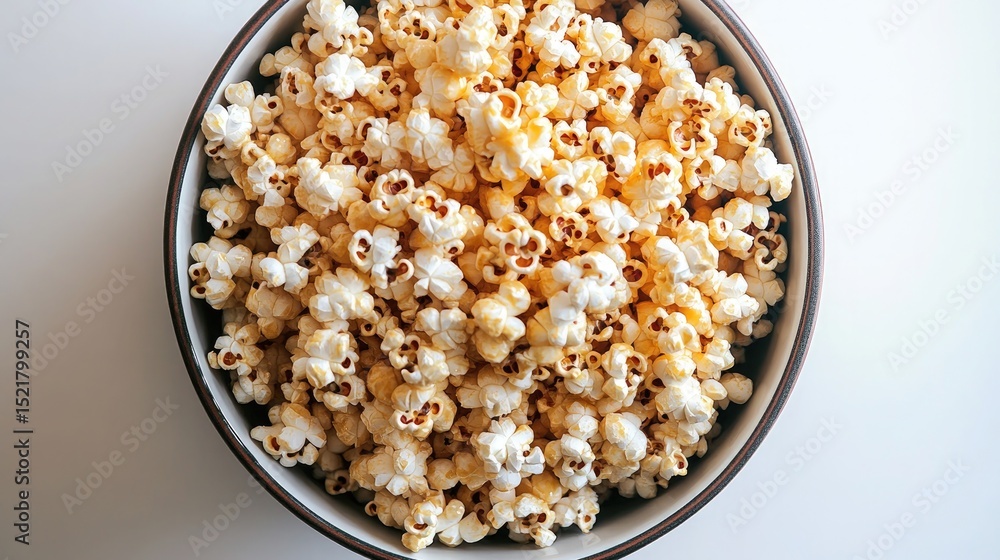 A top-down view of a large bowl of buttery popcorn with a perfectly golden texture A top-down view of a large bowl of buttery popcorn with a perfectly golden texture