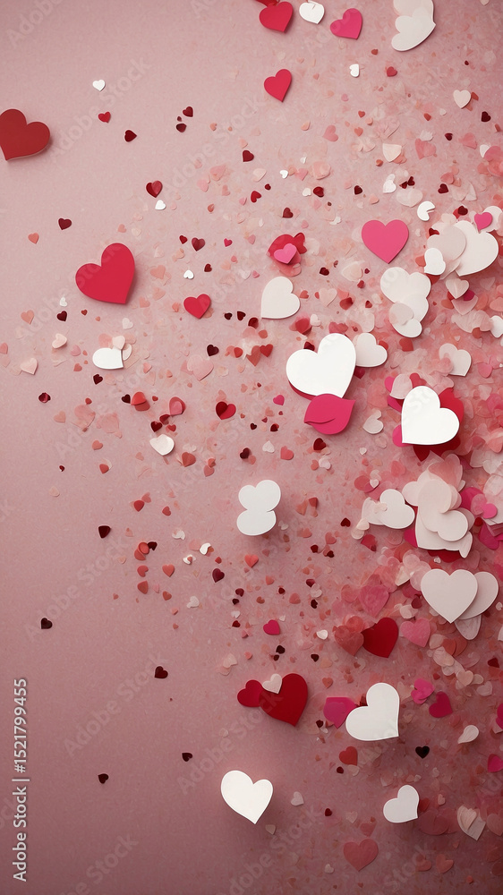 Pink heart and circle confetti scattered on soft pink background Pink heart and circle confetti scattered on soft pink background