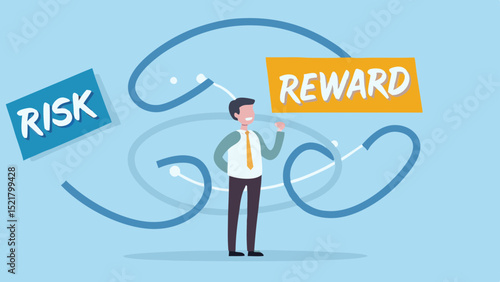 Exploring the path from risk to reward a cartoon man contemplates his business strategy with clean shapes on