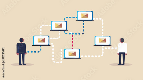 Connecting Worlds Two individuals linked through a network of email communications with soft pastel colors and