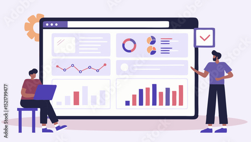 Data driven insight Two colleagues analyzing business performance metrics in a dynamic dashboard with flat