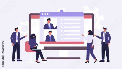 Team reviewing candidate profiles on a large monitor assessing qualifications and skills with a light purple