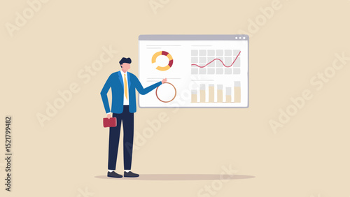 A confident business analyst presenting strategic data insights using charts and graphs with a neutral beige