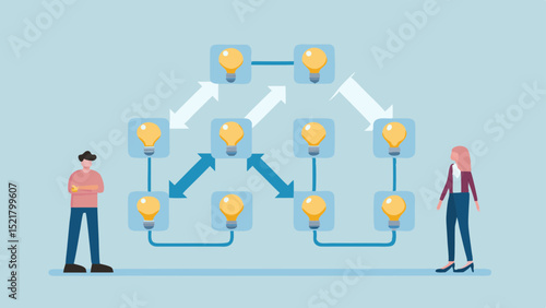 Two people collaborate on innovative ideas forming a brilliant network of connections displayed on light blue