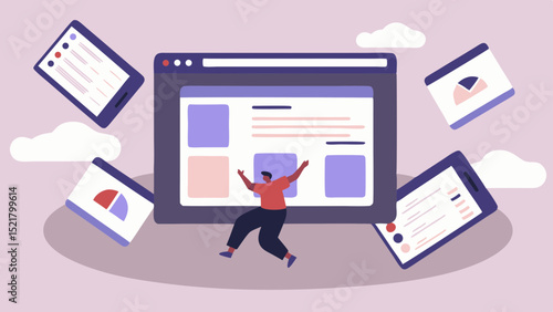 A triumphant coder celebrates website launch amid floating device mockups on a serene lavender background with