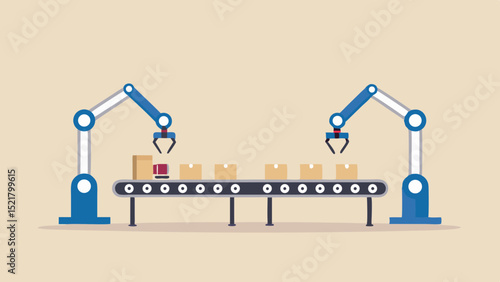 Streamlining package handling with robotic arms on a conveyor belt in a modern warehouse Flat vector with a
