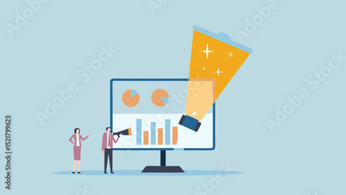 Announcing growth strategy with megaphone celebrating success for business team shown on a digital screen on