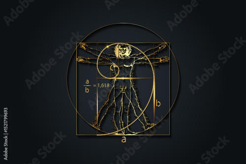 Golden ratio. Fibonacci Sequence number and Vitruvian Man concept,  luxury gold texture, divine proportion, vector illustration isolated on black background