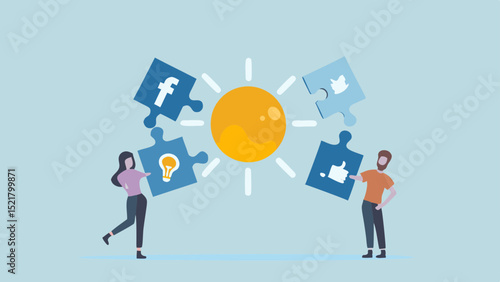 Social media strategy Finding success by connecting the right pieces to build a bright future illustrated in