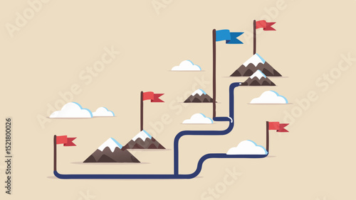 Navigating ambitions a journey climbing snowy peaks toward red and blue flag milestones under clear skies flat