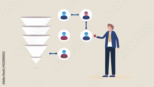 A businessman visualizing a sales funnel connecting leads and customer conversion phases in a minimalist