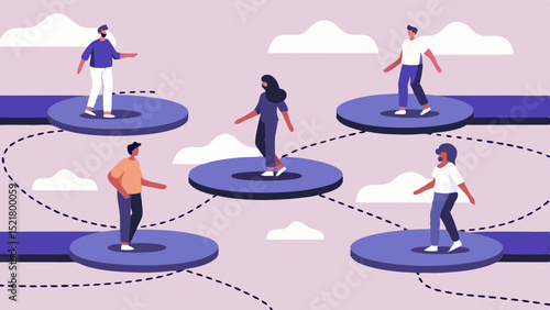 Navigating Connections People bridging gaps on platforms fostering collaboration and communication with simple