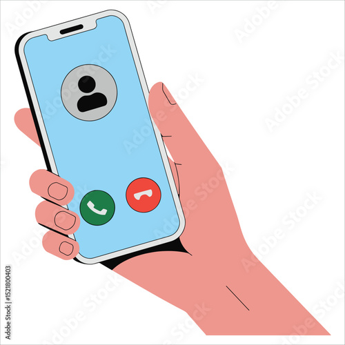 Incoming call on mobile phone, human hand holding device. Vector flat icon of unknown caller with answer or decline options, isolated on white.
