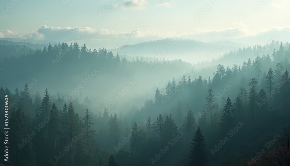 Panoramic view redwood forest misty with clouds. Tall trees silhouettes in haze create moody atmospheric background. California nature landscape, tranquil scenic place. Ideal for travel promo, Panoramic view redwood forest misty with clouds. Tall trees silhouettes in haze create moody atmospheric background. California nature landscape, tranquil scenic place. Ideal for travel promo,