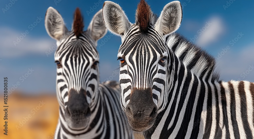 Naklejka premium Close-Up of Two Zebras Against Blue Sky, Showcasing Wildlife Conservation and Natural Beauty in Animal Photography : Generative AI