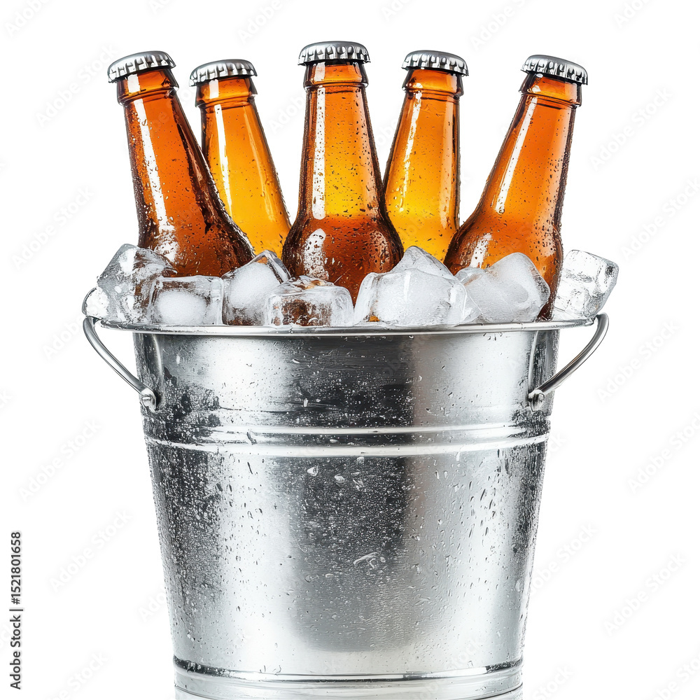Naklejka premium Chilled beer bottles in a metal bucket surrounded by ice ready for a summer gathering