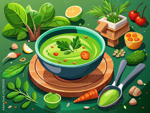vector of Green vegetable soup on the table. with a soup spoon...