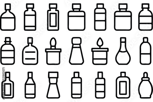 Set of 30 outline icons related to bottles. Vector illustration. Editable stroke. Linear icon collection. Collection of Hand-Drawn Beverage and Food Container Icons.
