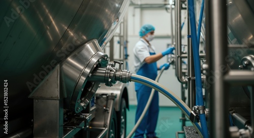 Stainless steel industrial equipment with blue hoses in modern dairy processing facility. Worker in background operating manufacturing machinery