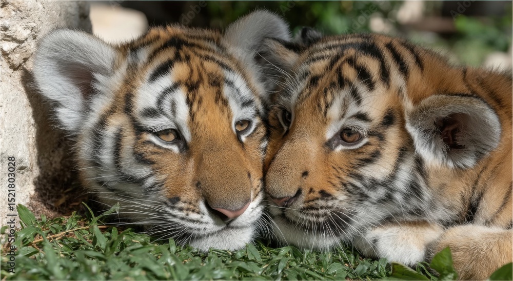 Obraz premium Two Young Tiger Cubs Cuddling on Green Grass, Showcasing Wildlife Conservation and Animal Protection Efforts : Generative AI
