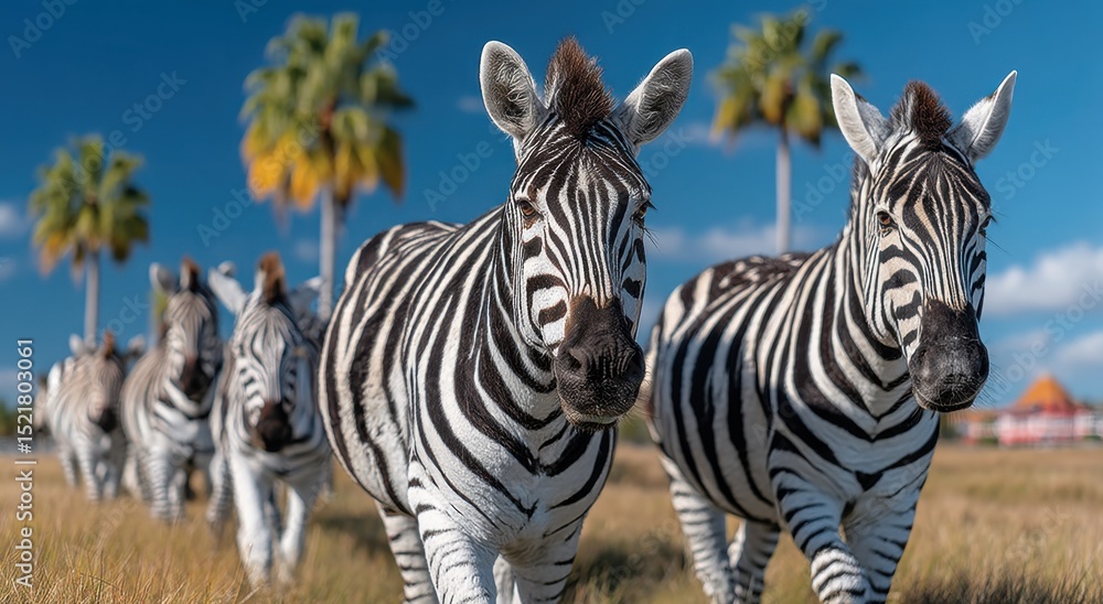 Naklejka premium Zebras Walking in a Row on the Savannah, Representing Wildlife Conservation and African Safari Tourism : Generative AI