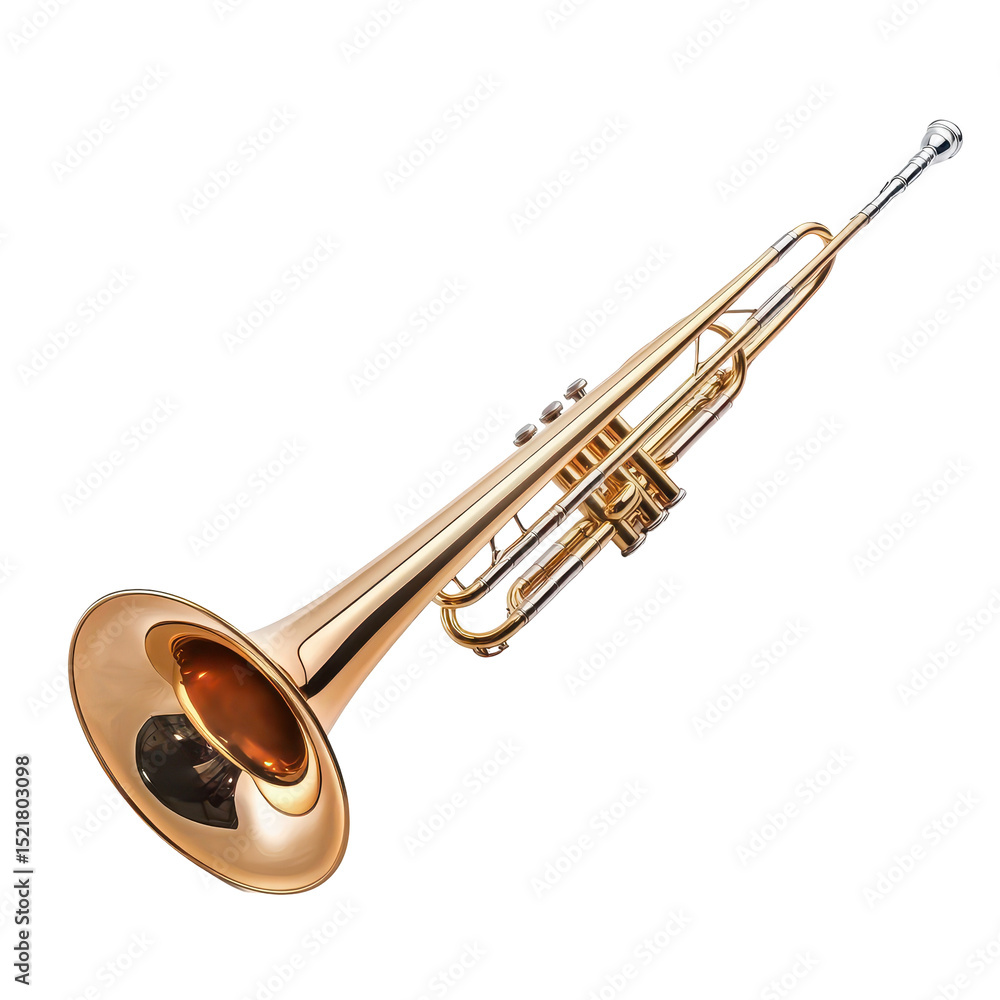 Obraz premium High-quality brass trumpet displayed on a white background showcasing its intricate design and shiny finish