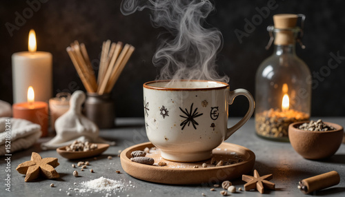 Wallpaper Mural Cozy cup of steaming tea on wooden coaster with candles and spices   Torontodigital.ca