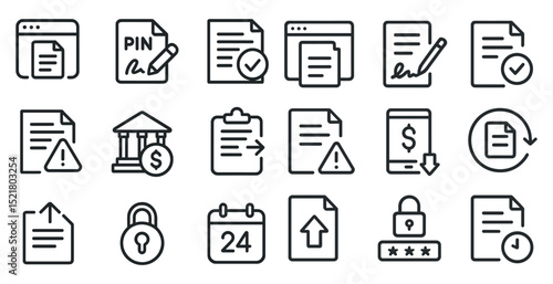 Financial document and security icons set for business and web design
