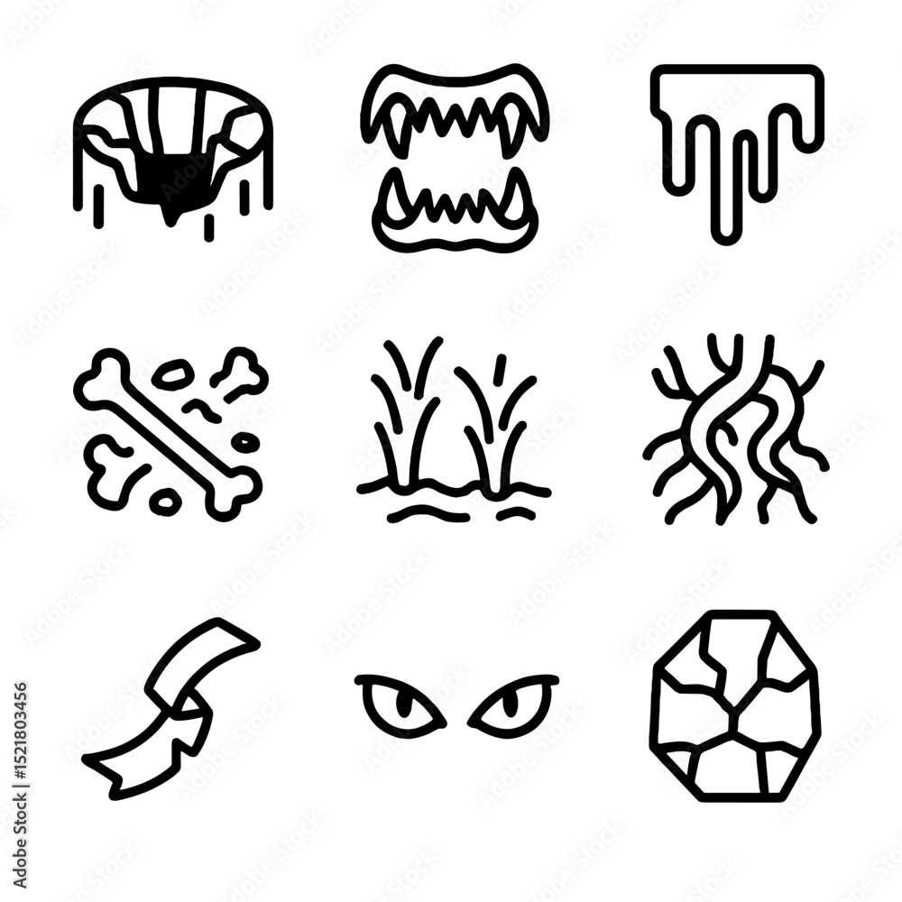 Fototapeta premium Abyssal Icon Set. Outline icon set of abyssal ingress: deep chasm, jagged maw, dripping ichor, bone debris, lava jets, twisted
