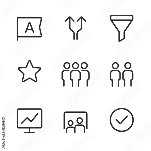 A_B Testing Icons. Outline icon set of A/B testing workflow: variant A label, variant B label, split arrow, conversion funnel,