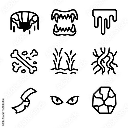 Abyssal Icon Set. Outline icon set of abyssal ingress: deep chasm, jagged maw, dripping ichor, bone debris, lava jets, twisted