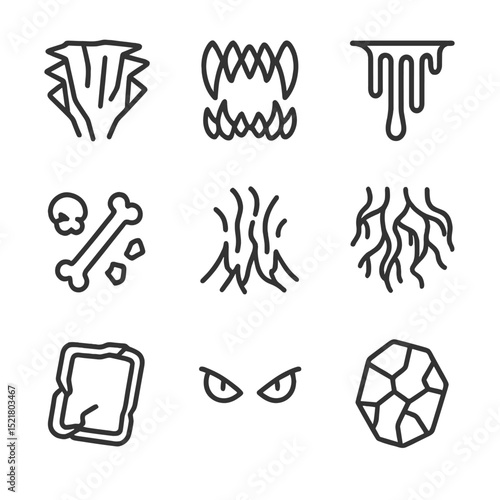 Abyssal Icon Set. Outline icon set of abyssal ingress: deep chasm, jagged maw, dripping ichor, bone debris, lava jets, twisted