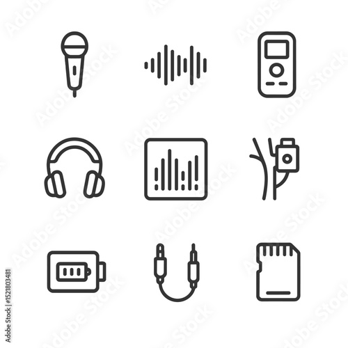 Acoustic Monitoring Icons. Outline icon set of acoustic monitoring: microphone, soundwave, recorder device, headphones,
