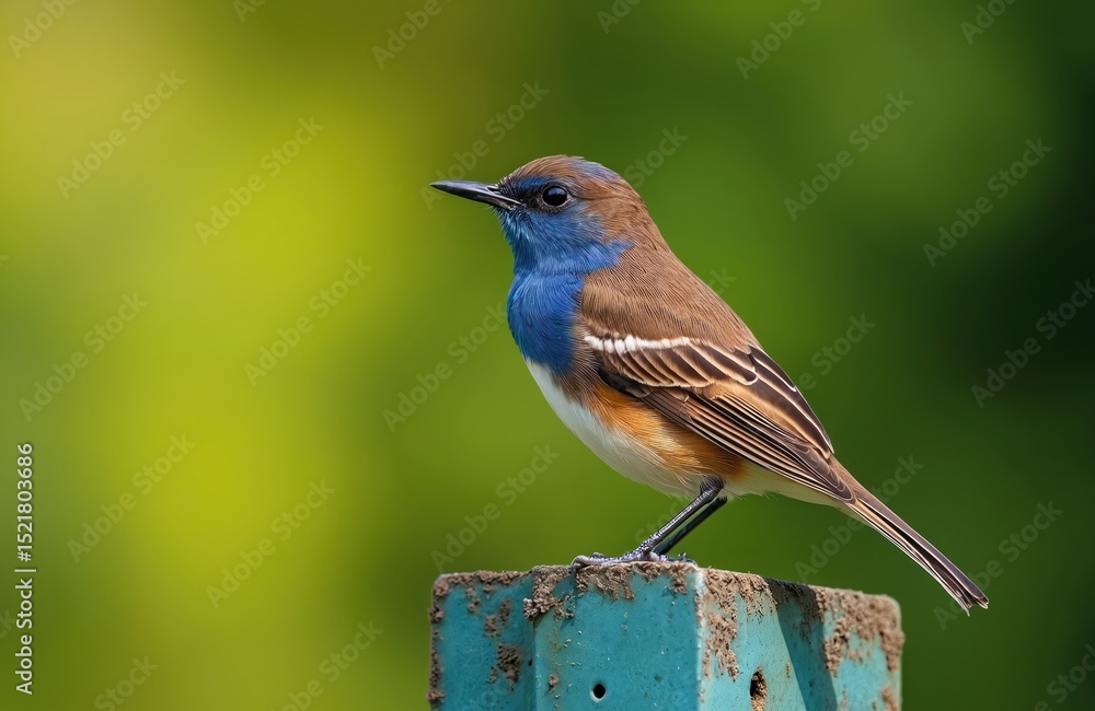 Fototapeta premium Bluethroat bird sitting on perch. Blue throat, brown feathers, orange sides. Wildlife photo from central Russia. Beautiful bird in natural habitat. Spring nature.