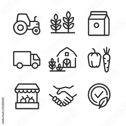 Agricultural Icon Set. Outline icon set of agricultural supply chain: tractor, crops, packaging, truck, farm, produce, market,