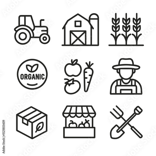 Agricultural Icon Set. Outline icon set of trade in agricultural and organic farming products: tractor, farm, crops, organic seal,