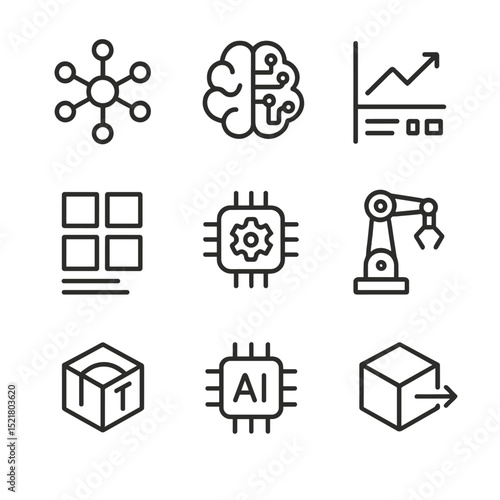 AI Icon Set. Outline icon set of artificial intelligence concepts: neural network node, brain circuit, machine learning chart,
