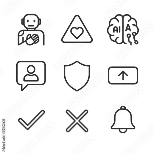 AI Moderation Icons. Outline icon set of AI moderation with empathy: robot hand over heart, warning triangle with heart, AI brain