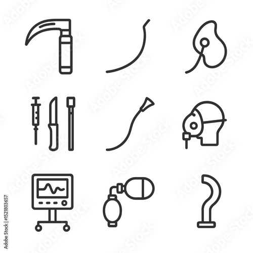 Airway Management Icons. Outline icon set of airway management: laryngoscope, stylet, bougie, cricothyrotomy kit, suction catheter