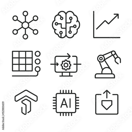 AI Icon Set. Outline icon set of artificial intelligence concepts: neural network node, brain circuit, machine learning chart,