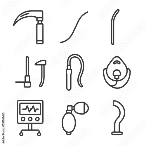 Airway Management Icons. Outline icon set of airway management: laryngoscope, stylet, bougie, cricothyrotomy kit, suction catheter