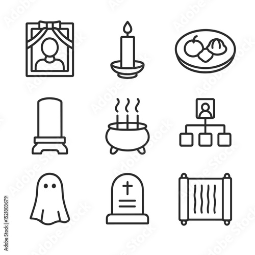 Ancestral Icon Set. Outline icon set of ancestral veneration circle: portrait frame, candle memorial, offering plate, ancestral