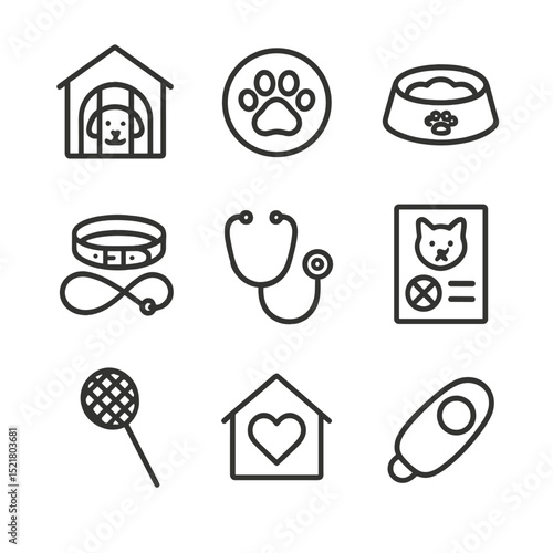 Animal Welfare Icons. Outline icon set of animal welfare service: shelter kennel, adoption paw print, food bowl, leash and collar,