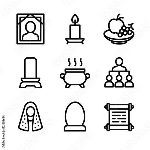 Ancestral Icon Set. Outline icon set of ancestral veneration circle: portrait frame, candle memorial, offering plate, ancestral