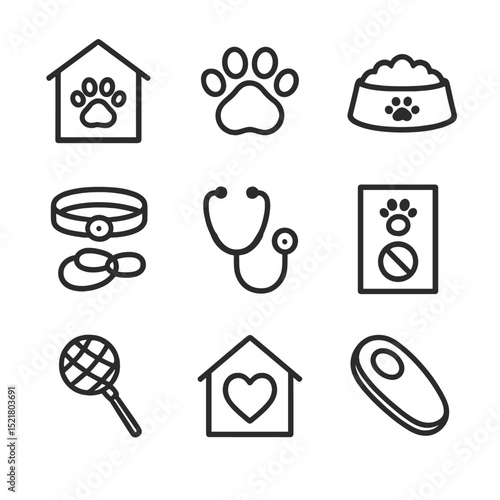 Animal Welfare Icons. Outline icon set of animal welfare service: shelter kennel, adoption paw print, food bowl, leash and collar,