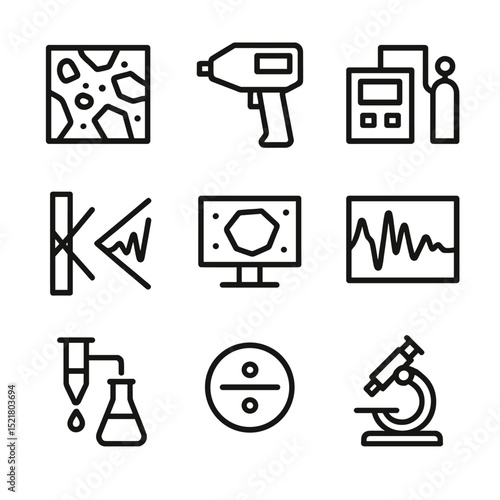 Analytical Techniques Icons. Outline icon set of analytical techniques: petrography thin section, XRF spectrometer, mass