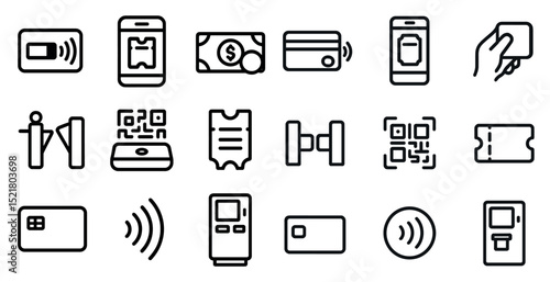 Digital payment and ticketing icons for modern transactions and access control
