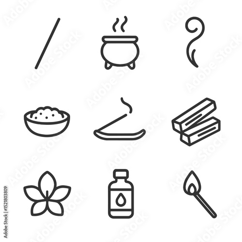 Aromatherapy Icon Set. Outline icon set of incense stick aromatherapy accessories: incense stick, burner pot, smoke swirl, sand