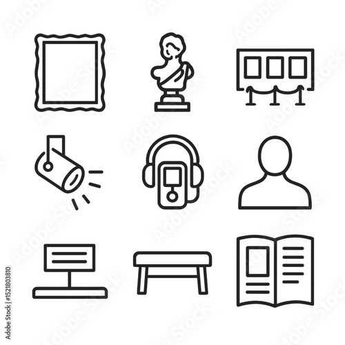 Art Gallery Icons. Outline icon set of art gallery tours: painting frame, sculpture, gallery wall, spotlight, audio guide, visitor