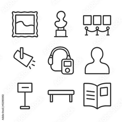 Art Gallery Icons. Outline icon set of art gallery tours: painting frame, sculpture, gallery wall, spotlight, audio guide, visitor